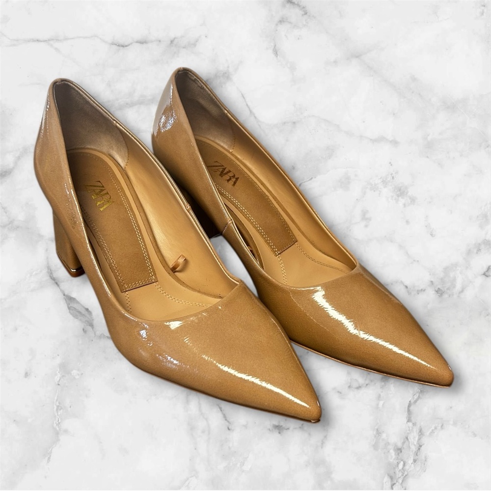 Zara Patent Leather Pointed Toe Pumps in Tan